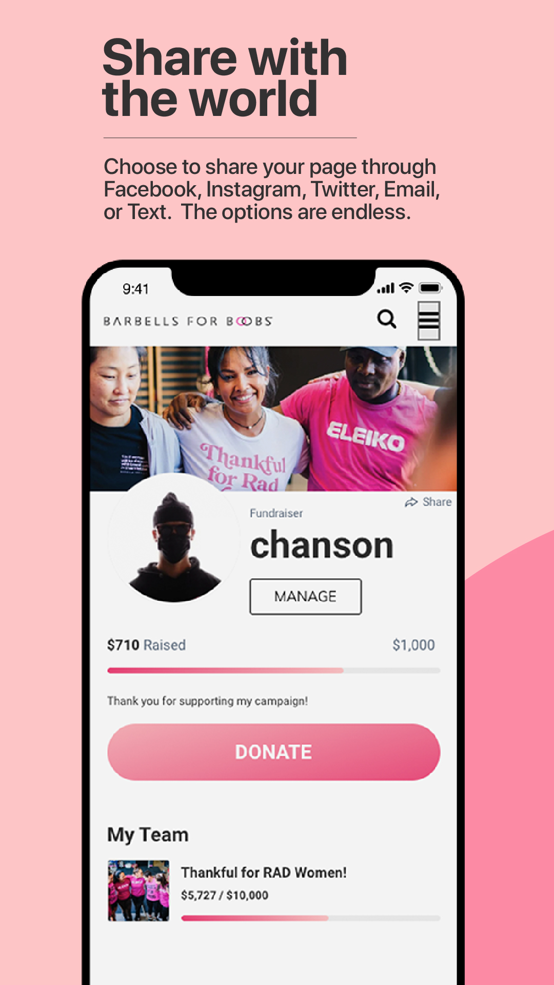 Barbells for Boobs mobile app fundraising interface