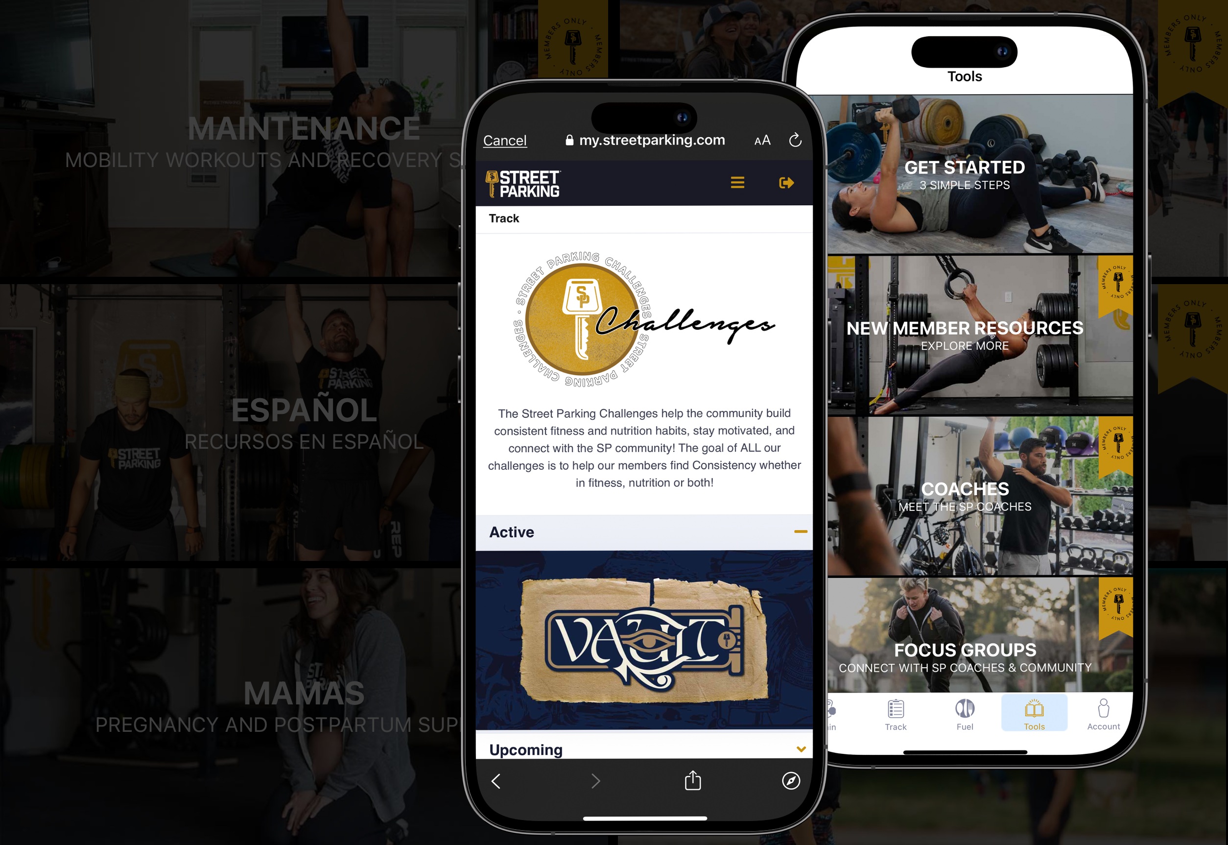 Street Parking mobile app interface showing challenges and member resources